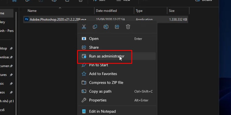 Chuột phải vào Adobe.Photoshop.2020.v21 và chọn run as admin